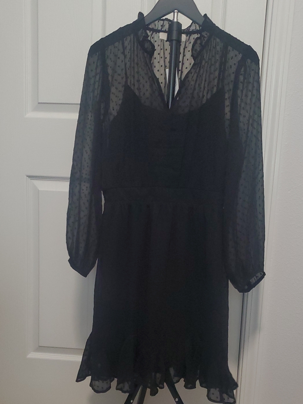 LOFT Black Long-Sleeve Sheer Yoke Ruffle Hem Dress Size 8 NWT